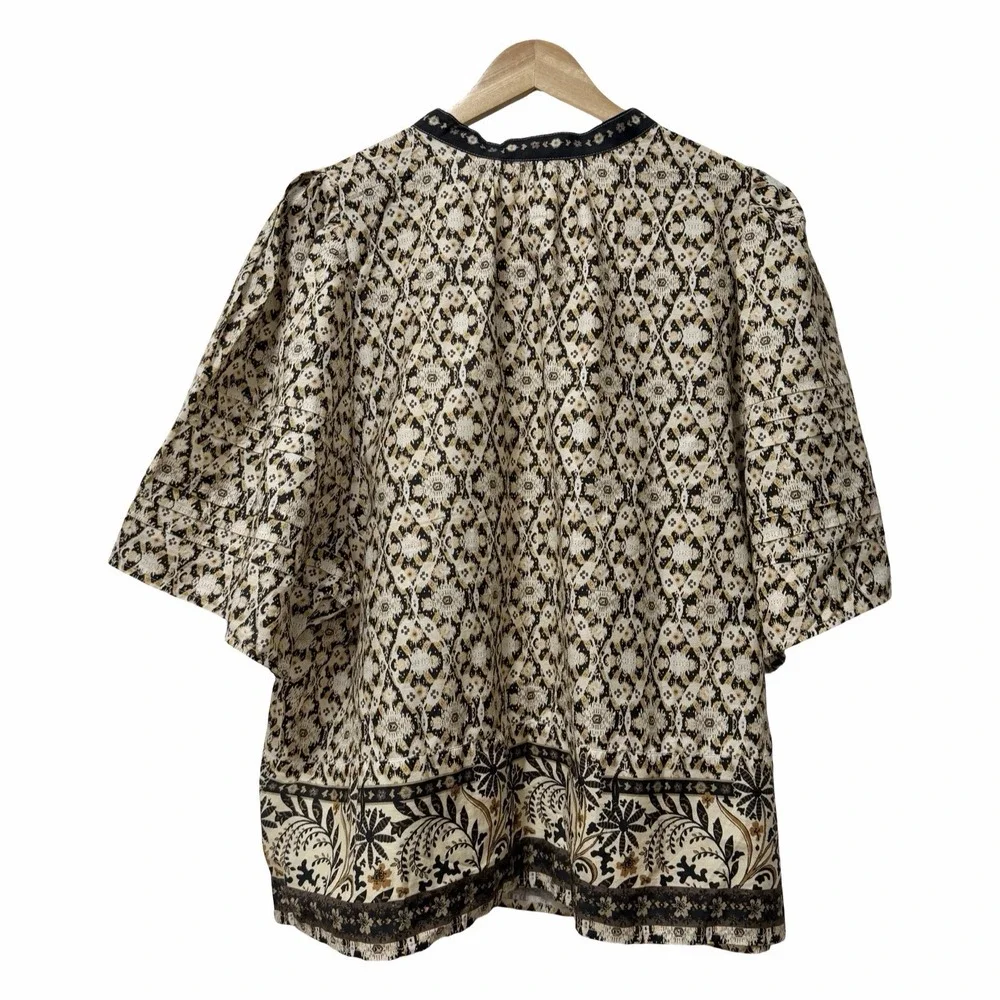 Anthropologie Pleated Floral Puff Sleeve Blouse Size 3X Black Motif Boho NEW